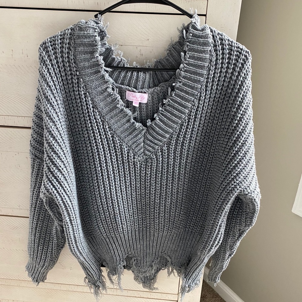 Commitment To Cool Gray Distressed Sweater